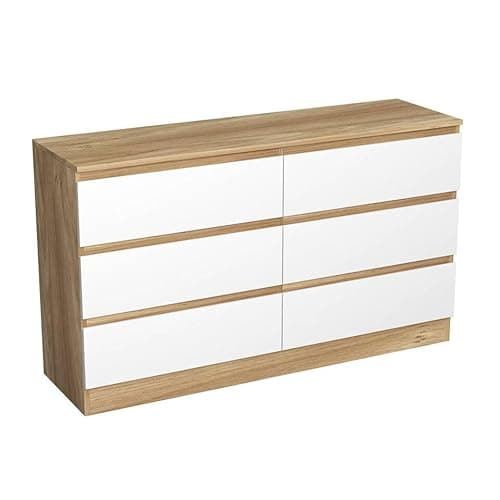 Image of URBNLIVING Modern Oak Wooden Chest with White 6 Drawers for Bedroom or Office Storage Versatile Bedside Table and Stylish Cabinet for Organizing Clothes Accessories Work Place Supplies and Items