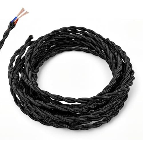 Image of 5m Black Vintage Twisted Fabric Cable, 2 Core 0.75mm² Pure Copper Braided Lighting Flex, VDE Certified Double Insulated Electrical Wire for Pendant Lamp, Retro Chandelier & DIY Industrial Lights