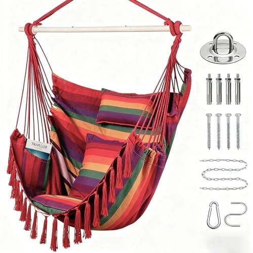 Image of Goutime Extra Large Size Swing Chair,with 2 Cushions and 1 Neck Pillow,Cotton Hanging Chair for Bedroom/Patio,hammock chair with Side Pockets and Hardware Accessories (Rainbow)
