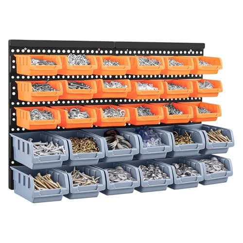 Image of EVERGOODS 30Pcs Wall Mounted Storage Bins Backboard DIY Stackable Workshop Storage for Tools Hardwares Crafts 64 x 41cm Plastic Bin Panel Rack with Screws for Tool Shed Garage Workshop (Orange+Gray)