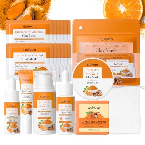 Image of Quiyum Turmeric Vitamin C Skincare Set, Radiance, Hydrating Face & Body Care Kit, Serum,Eye Cream, Cream,Facial Oil,Handmade Soap & Clay Mask, Pamper Gift Set for Women Teenage Girls Mom Birthday