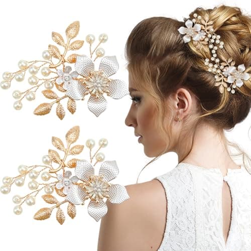 Image of 2PCS Gold Bride Wedding Headpiece,Pearl Leaves Hair Pins Accessories,Vintage Golden Leaf Hairpin,Bridal Hair Clips for Women and Girls (Gold)