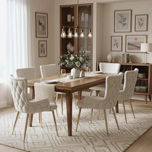 Image of Merax Velvet Dining Chairs Set of 6, Luxury High Back Kitchen Dining Chairs, with Upholstered Soft Padded Seat, with 4 Golden Metal Support Legs, Beige