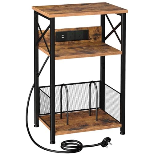 Image of AMHANCIBLE Record Player Stand with Charging Station, 3-Tier Bedside Table with Storage Cabinet, Side Table Hold Up to 100 Albums, Vinyl Record Stand for Living Room, Bedroom, Rustic Brown HETCD01BR-1
