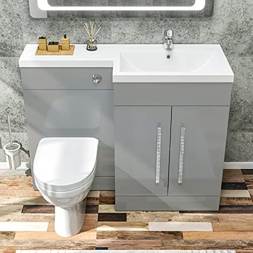 Image of ELEGANT 1100mm L Shape Bathroom Vanity Sink Unit Furniture Storage,Right Hand Matte Grey Vanity unit + Basin + Ceramic D shaped Toilet with Concealed Cistern