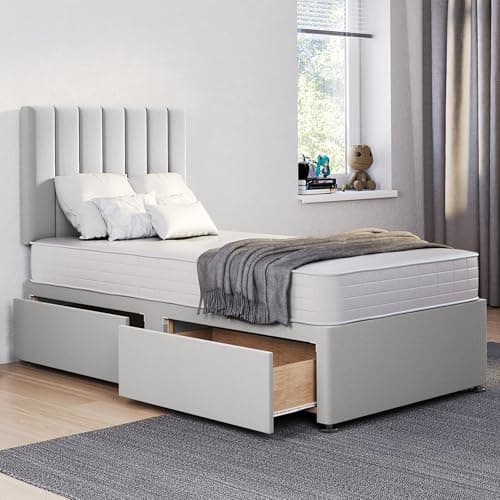 Image of ComfoRest 3FT Single Bed with Mattress and storage drawers (x2) – Silver divan base and 24 inch Stripe headboard – orthopaedic, medium-firm 3FT mattress, UK made