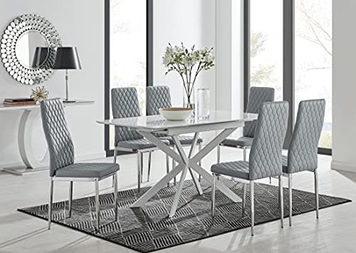 Image of Furniturebox UK Lira White High Gloss 120cm-160cm Extendable Space Saving 4/6 Seater Kitchen Dining Table with Starburst White Metal Legs & 6 Grey Faux Leather Silver Chrome Leg Milan Dining Chairs