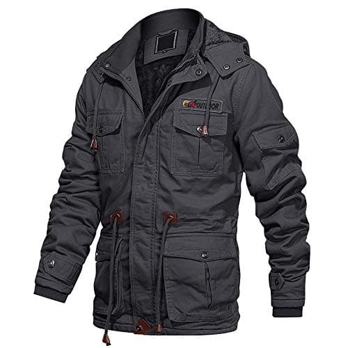 Image of EKLENTSON Mens Winter Jackets Cargo Fleece Coats Workout Camping Hiking Thick Multi Pocket with Removable Hood Grey