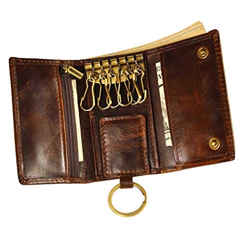 Image of Le'aokuu Mens Genuine Leather Car Key Case Loop Hook Coin Case Cover Wallet Snap 1064（A Coffee）