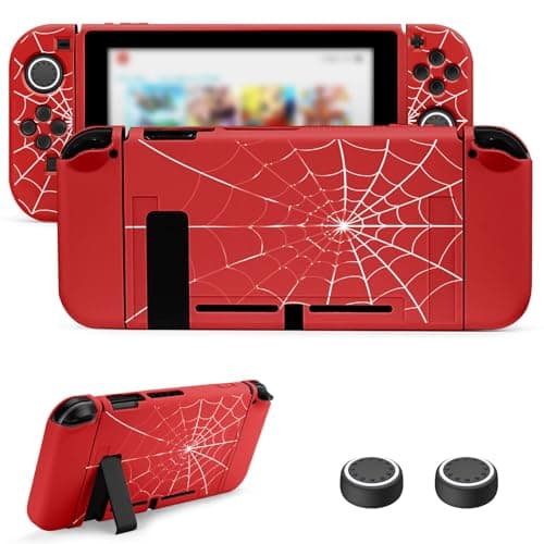 Image of JINGDU Protective Case for Switch 2017 NS, Dockable Soft TPU Protector, Slim Shock-Absorption Anti-Scratch Cover With Thumb Grips Caps (Cobweb-Red)