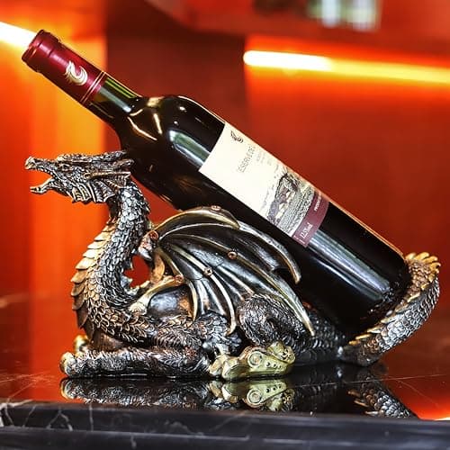 Image of HEINBOW Steampunk Dragon Wine Bottle Holder Steampunk Dragon Statue Wine Rack Gothic Decor Metallic Look Fantasy Tabletop Statue for Home Decor Gifts for Men, 11050