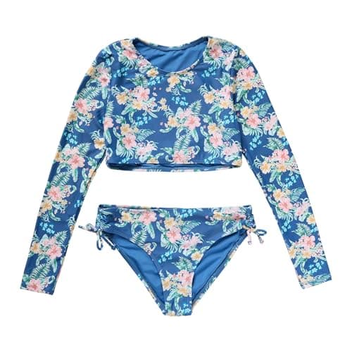 Image of O'NEILL Girl's Long Sleeve Top Swimsuit - Swim Set for Girls with Matching Bikini Top and Bottom, Classic Blue | Tulum Tropical Long Sleeve Cro, 14