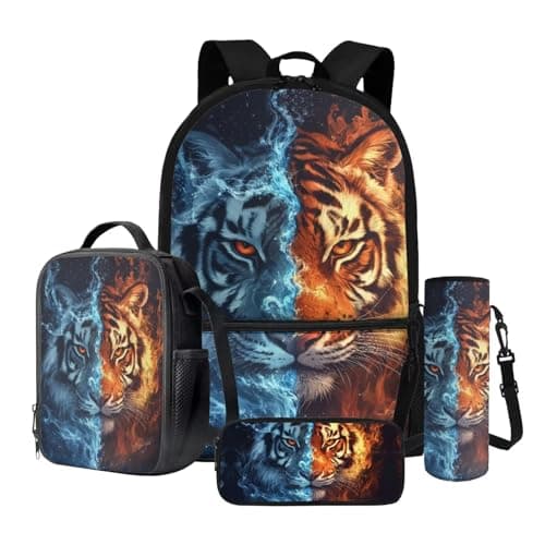 Image of Dngkaoje Flame Water Tiger School Backpack For Teens Boys Girls 10-14 Yers Old,Animals Tiger Schoolbags with Lunch Box Set 4 Pcs Toddler Backpack Set with Pencil Case Water Bottle Large Rucksack