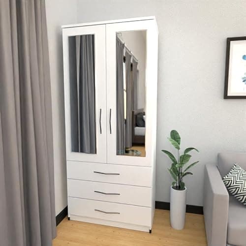 Image of Modern Assembled Wardrobe, 78 cm Wide, 2 Mirrored Doors, 3 Drawers, White (White)