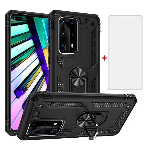 Image of Phone Case for Huawei P40 Pro with Tempered Glass Screen Protector Cover Stand Ring Rugged Silicone Holder Hard Shockproof Heavy Duty Accessories Magnetic Metal huawei Hawaii Hwauei Haweii Men Black