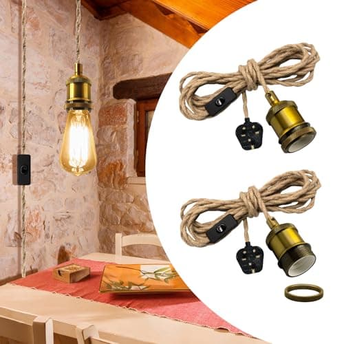 Image of Hemp Rope Pendant Lights, 2PCS Rustic Plug in Pendant Light Fitting,510 CM Vintage Hanging Lights Kit with Plug,Brass E27 Lamp Holder Retro Plug in Ceiling Light Fixture,DIY Lampshade,for Farmhouse