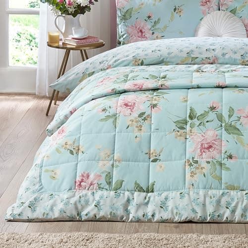 Image of Catherine Lansfield Avebury Floral Reversible Quilted 220x230cm Bedspread Duck Egg Blue