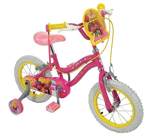 Image of Trolls 14-Inch Kids Bike with Stabilizers -Officially Licensed for Young Fans - Sturdy Steel Frame, Pneumatic Tyres Enclosed Chainguard, Front +Rear Brakes - Adjustable Handlebar/ Seat 3+ Years
