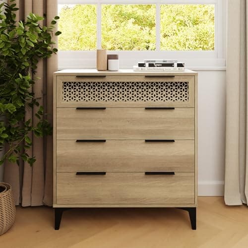 Image of GFW Ezra 4 Drawer Chest Oak Finish Bedroom Storage Unit with Decorative Detail