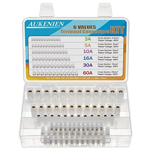 Image of AUKENIEN 6Values Electrical Terminal Connectors Blocks Kit 3A 5A 10A 15A 30A 60A 12 Way White Terminals Choc Block Electric Wire Connectors Strips 3 5 10 15 30 60 Amp Connecting Block for Wiring Cable