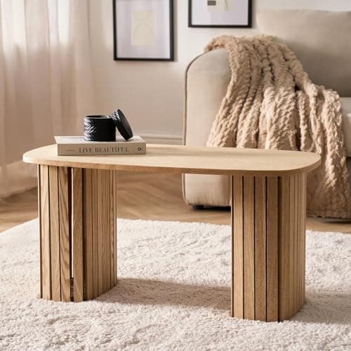 Image of OHS Coffee Tables for Living Room, Wooden Centre Table Madison Ribbed Wood Frame Decorative Small Coffee Table for Home Offices, Natural Wood - 85 x 40 x 41cm