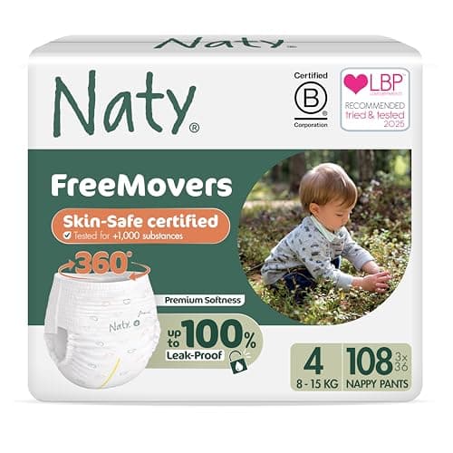 Image of Naty FreeMovers Nappy Pants | Sensitive Skin Certified Potty Training Pants | Soft, Fragrance Free | Absorbent & Leak-Proof | Unisex Baby & Toddler | Size 4 (8-15 kg), 108 Count