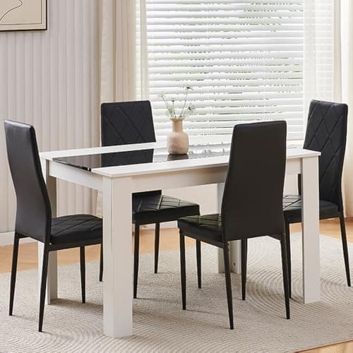 Image of Rainbow Tree 120cm Large Dining Table Set of 4, Modern Dining Table with 4 Black Leather Dining Chairs for Dining Room, Kitchen Set for Family Wooden