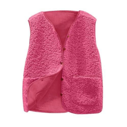 Image of Teddy Fleece Gilet for Women Fur Vest Sleeveless V-neck Button Down Vest Sherpa Fluffy Waistcoat Lightweight Cozy Gilets Ladies Winter Soft Jacket with Pockets Fuzzy Coat Outwear