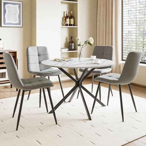 Image of Luxstein Round Dining Table and Chairs Set 4, 100cm White Marble Effect Folding Table with 4 Grey Upholstered Linen Chairs for Dining Room, Kitchen