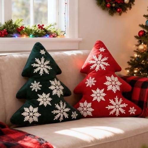Image of Lanpn Christmas Tree Pillows Set of 2, Christmas Decoration Winter Soft Cute 3D Shaped Xmas Tree Throw Cushion with Snowflake for Sofa Bedroom Xmas Decor (16x18 inch, Red & Green)