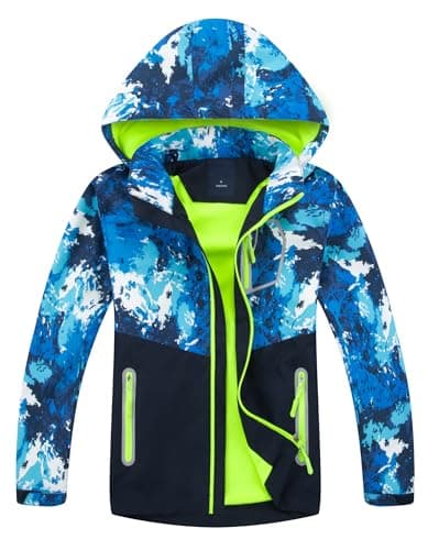 Image of LAUSONS Boys Waterproof Jacket Kids Coat Camo Girls Lightweight Windbreaker Outdoor Fleece Raincoat with Hood Army Green Lable L / 7-8 Years