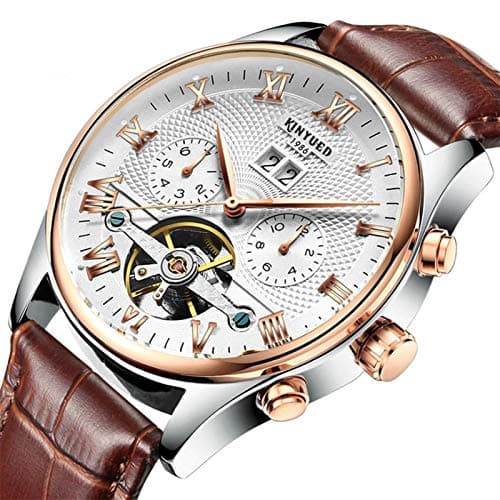 Image of HFWXYSA Automatic Leather Watches for Men Luxury Tourbillon Self-Winding Classic Calendar Luminous Waterproof Watches for Men,Brown
