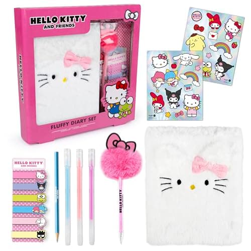 Image of abeec Hello Kitty Fluffy Diary Set For Girls – Notebook With Pom Pom Pen, Holographic Stickers, Gel Pens & Sticky Tabs – Kawaii Stationery Gift Set