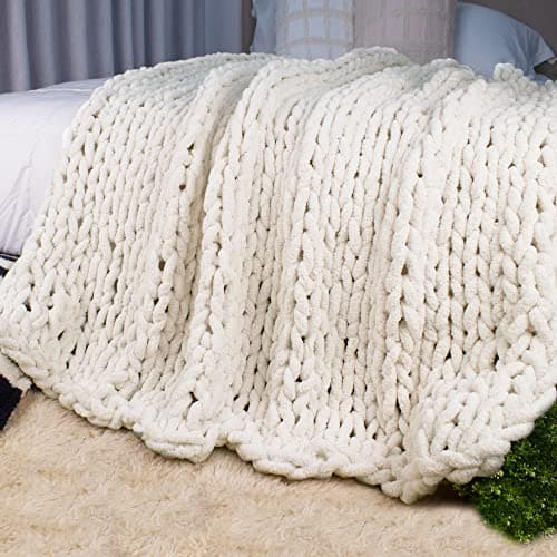 Image of Carriediosa Chenille Chunky Blanket Soft Fluffy Handmade Throw Blanket for Couch Sofa Bed and Home Décor (Cream White)