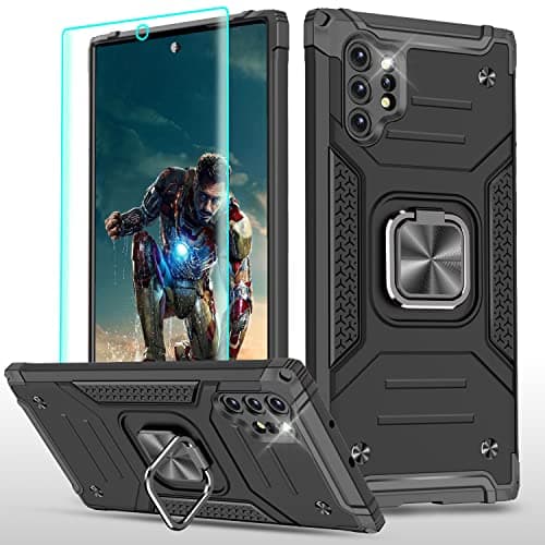 Image of YmhxcY Compatible with Galaxy Note 10 Plus Case with 3D Curved Screen Protector,Armor Grade Cases with Rotating Holder Non-Slip Hybrid Case For Samsung Galaxy Note 10+ Plus KK Black
