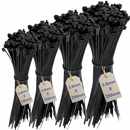 Image of 200Pcs Cable Ties Assortment -Mix Black Zip Ties Set with 4 Sizes (100/150/200/250mm) x 3.6mm Heavy Duty Nylon Cable Ties for Wire Management, Black Cables Ties Heavy Duty Zip Ties