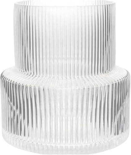 Image of Large Glass Vase - Clear Ribbed Vase - Fluted Flower Vase for Modern Home Décor - Glass Vases for Centerpieces - Living Room, Dining Table, Shelf, Entryway, Office, Wedding Centerpieces