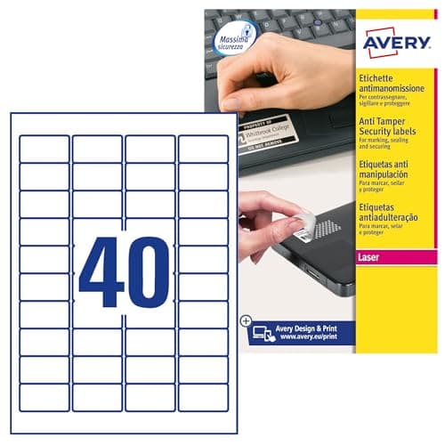 Image of Avery L6145-20 Tamper-Evident NoPeel™ Labels, 45.7 x 25.4 mm, Laser, Permanent Adhesive, 800 Labels (L6145-20)