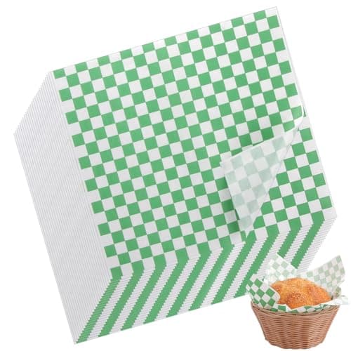 Image of APACALI 300PCS Greaseproof Paper Sheets, 28 x 26cm Burger Paper Sheets, Checkered Basket Liners for Sandwich, Hamburgers, Fries, Cake, Green