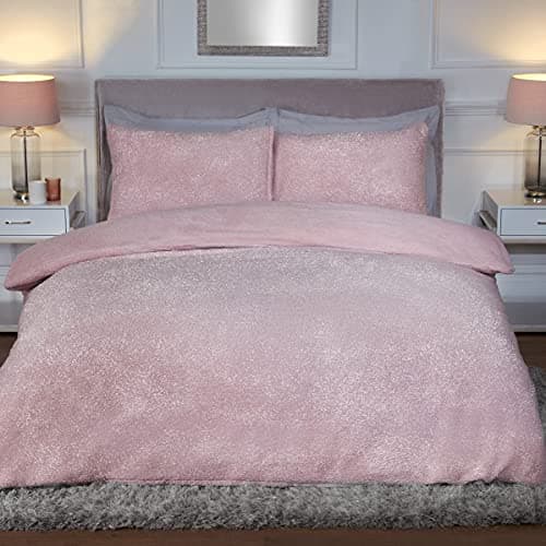 Image of Sleepdown Sparkle Teddy Fleece Thermal Warm Cosy Super Soft Duvet Cover Quilt Bedding Set with Pillow Case - Single (135cm x 200cm) - Blush Pink