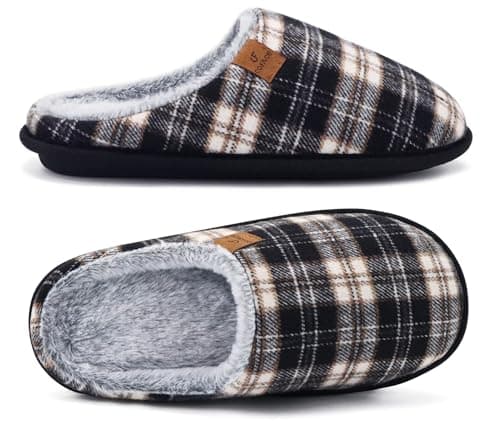 Image of COFACE Mens Black White Flano Plaid Memory Foam Mule Slippers Slip On Warm Fluff House Indoor/Outdoor Shoes With Anti-skid Sole Size 7