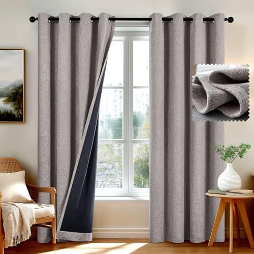 Image of Deconovo 100% Blackout Curtians Thermal Insulation Faux Linen Look Eyelet Curtains with TPU Backing for Living Room, 66 x 54 Inch(W x L), Brown Khaki, Two Panels