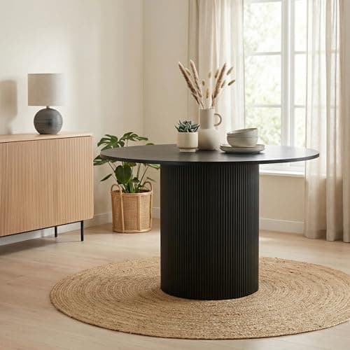 Image of Furniturebox UK Dining Table - 'Penrose' Black 120cm 4-6 Seat Round Wooden Pedestal Dining Table - Melamine Veneer - Slatted Wood Pillar Leg - Modern Scandi Japanese Style Dining Furniture