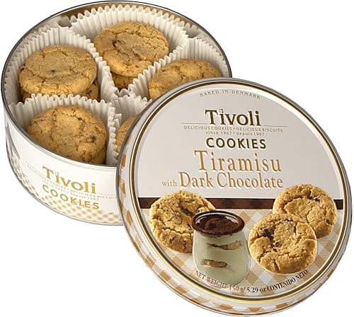 Image of Jacobsens of Denmark Tivoli Tiramisu Dark Chocolate Cookies 150g - SMALL Tin (139mm diameter x 55mm height) - Traditional Biscuit Tin Gift for Women, Men & Kids
