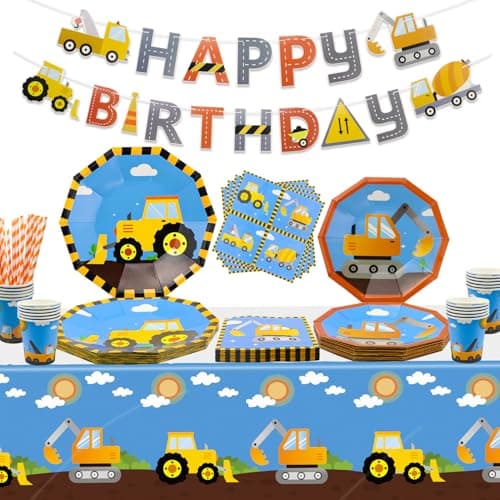 Image of 107 Pack Construction Birthday Party Supplies Dump Truck Construction Decorations Construction Party Plates Construction Birthday Tablecloth Cups Napkins Serves 20