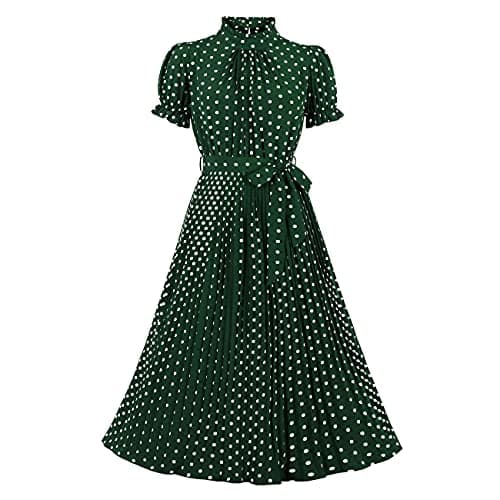Image of Wellwits Women's Polka Dots Frill Pleated Midi Vintage Cocktail Dress Green M