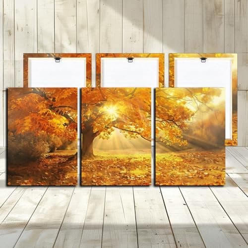Image of Large Tree Canvas Wall Art - 3 Panels Yellow Big Tree Sunrise Landscape Autumn Picture for Living Room Decorative Woodern Framed Print Artwork Ready to Hang Bathroom Wall Decor 12x16inch 3PCS