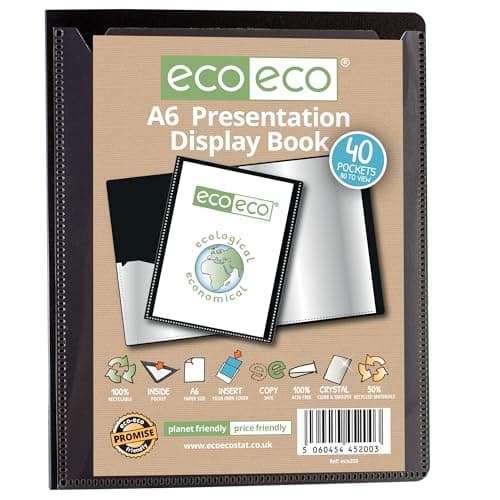 Image of eco-eco A6 Size 50 Percent Recycled 40 Pocket Black Presentation Display Book, Storage Case Portfolio Art Folder with Plastic Sleeves, eco200