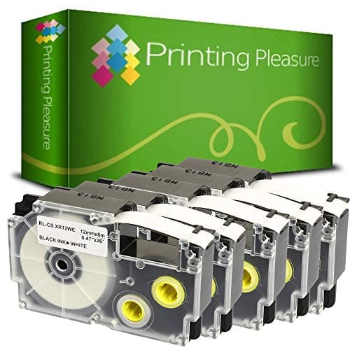 Image of Printing Pleasure 5 x XR-12WE XR-12WE1 Black on White Label Tapes Compatible with Casio KL-60 KL-100 KL-120 KL-200 KL-300 KL-750 KL-780 KL-820 KL-2000 KL-7000 KL-7200 KL-8100 | 12mm x 8m | Ribbon