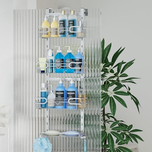 Image of HapiRm Shower Caddy Hanging Silver - 4 Tier Over Door Shower Caddy with 2 Soap Holders, Adjustable Bathroom Shelf with 22 Hooks, Rustproof Easy Installation Shelf Organiser Hanging for Bathroom